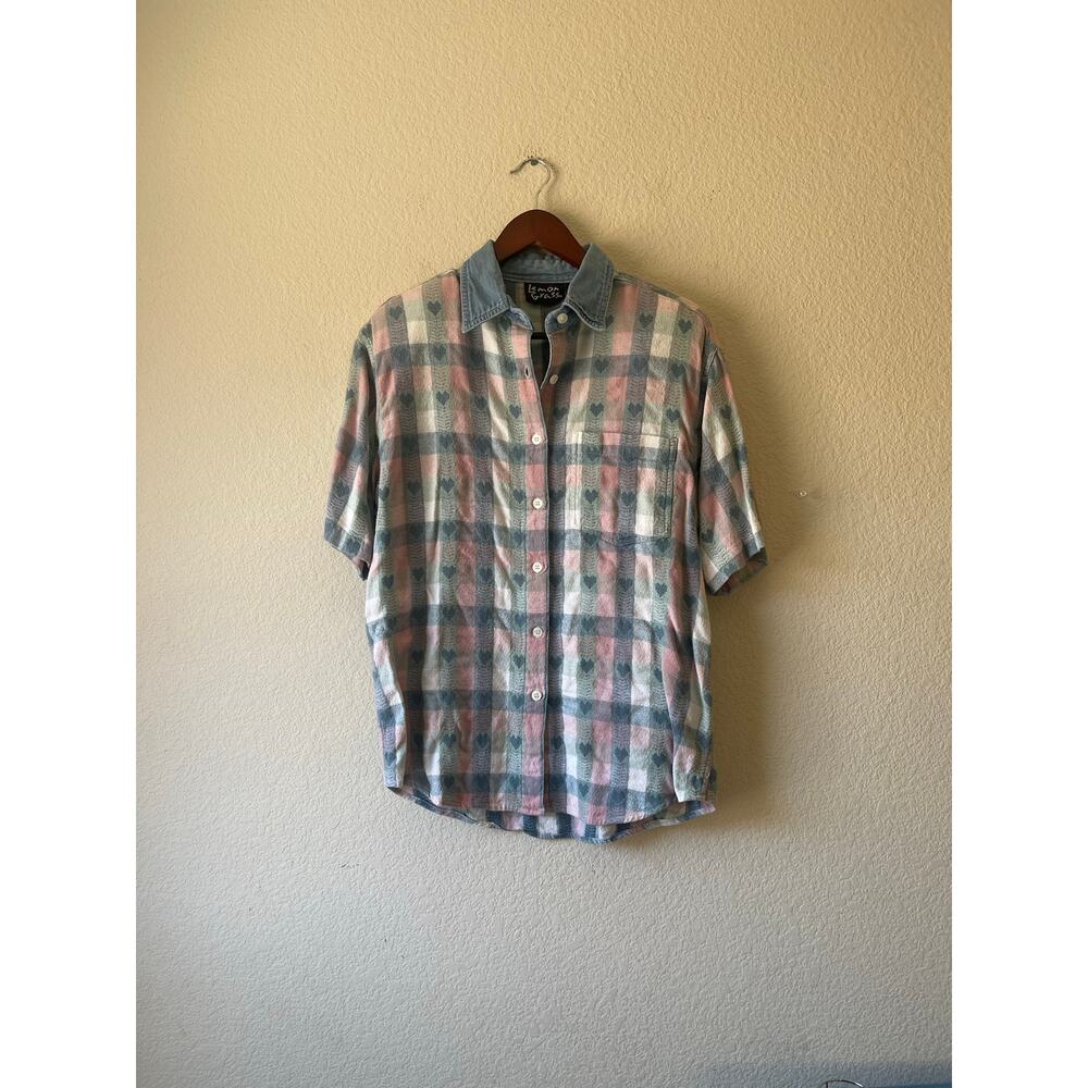 Vintage‎ lemon grass women’s heart print pink and blue button up blouse medium